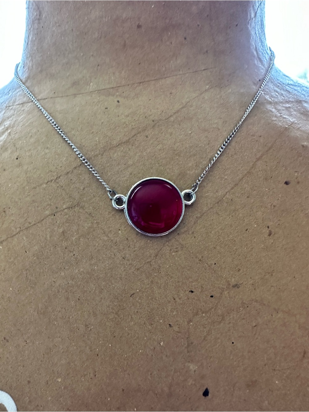 Source Unknown Silver Necklace with Deep Red Round Pendant